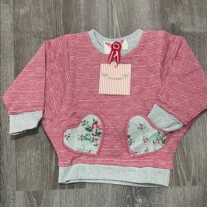 NWT Paper Wings Organic Cotton Quilted Red Striped Girl Top with Heart Pockets